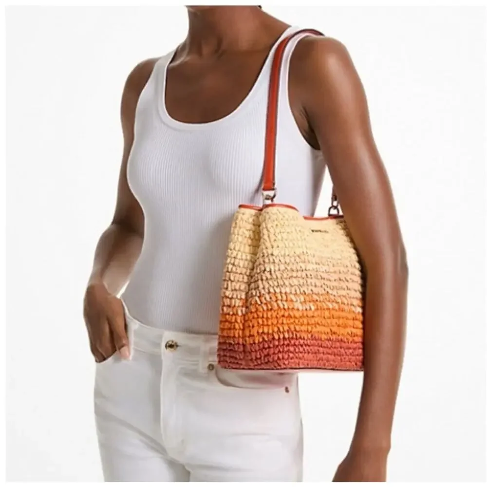 Michael Kors Pratt Medium Ombre Straw Shoulder Bag Red Clay Orange Summer Boho - Picture 2 of 15
